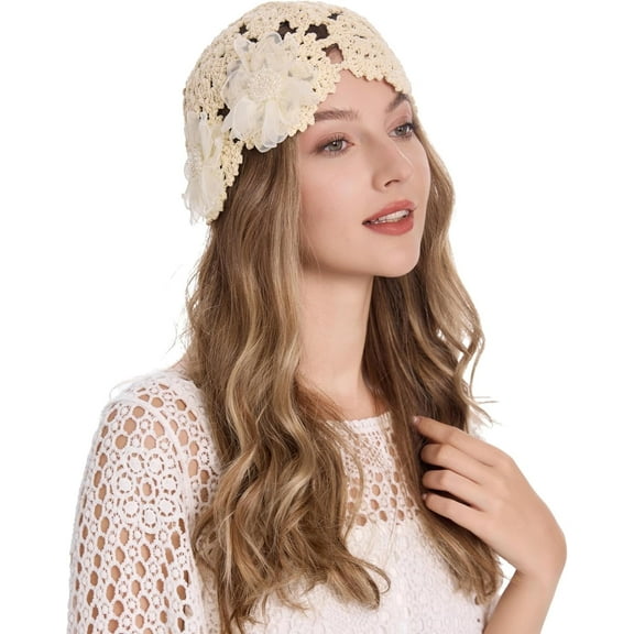 DOVACKA Women Cotton Crochet Skull Cap Handmade Knit Cutout Floral Beanie Hat