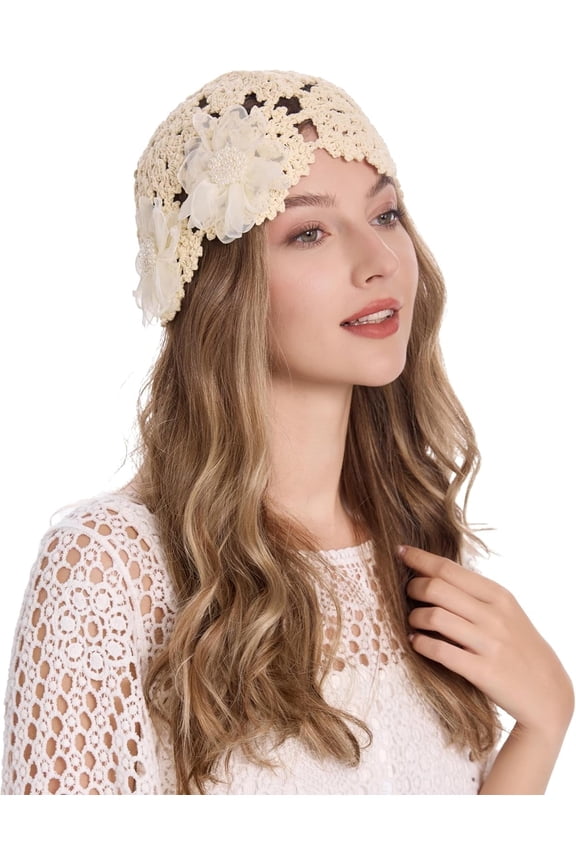 Women Cotton Crochet Skull Cap Handmade Knit Cutout Floral Beanie Hat
