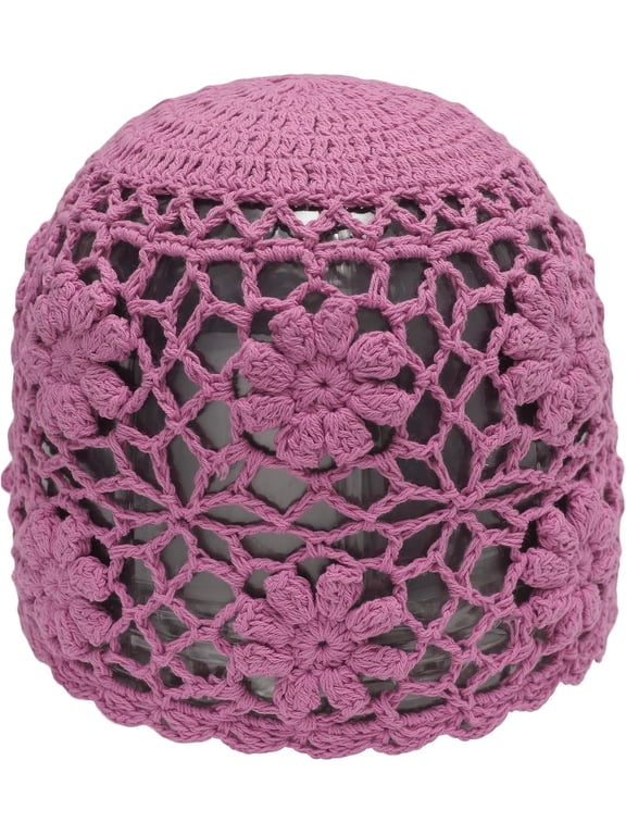 Women Cotton Crochet Skull Cap Handmade Knit Cutout Floral Beanie Hat