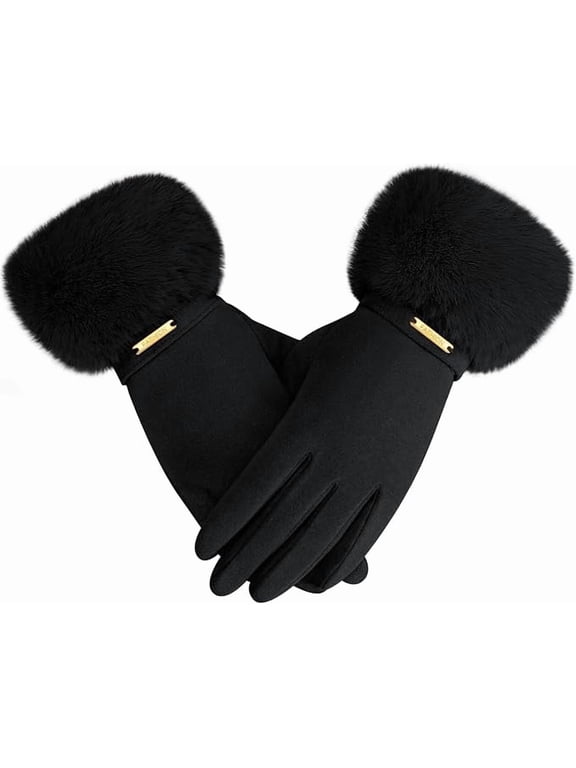 Women Winter Gloves, Faux Fur Cuff Touch Screen Gloves, Thick Warm Elastic Cold Weather Gloves for Outdoor Daily Use