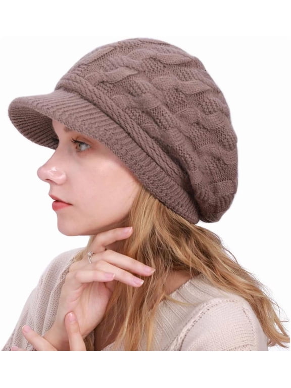 Women Winter Warm Beanie Knit Hat Soft Lined Snow Ski Caps with Visor