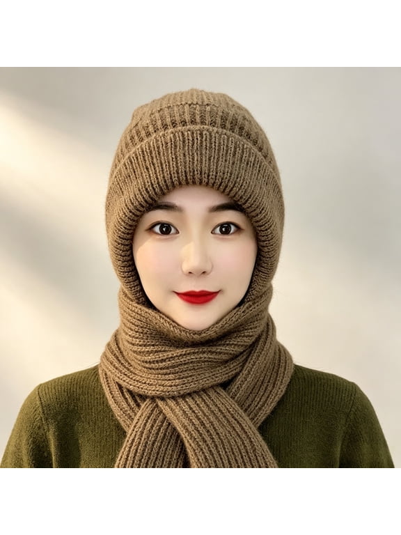 Women's 2-in-1 Knitted Earflap Hat with Scarf, Windproof Warm Beanie for Cold Weather