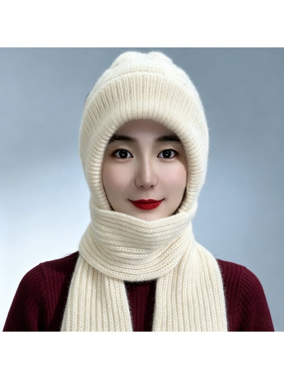 Women's 2-in-1 Knitted Earflap Hat with Scarf, Windproof Warm Beanie for Cold Weather
