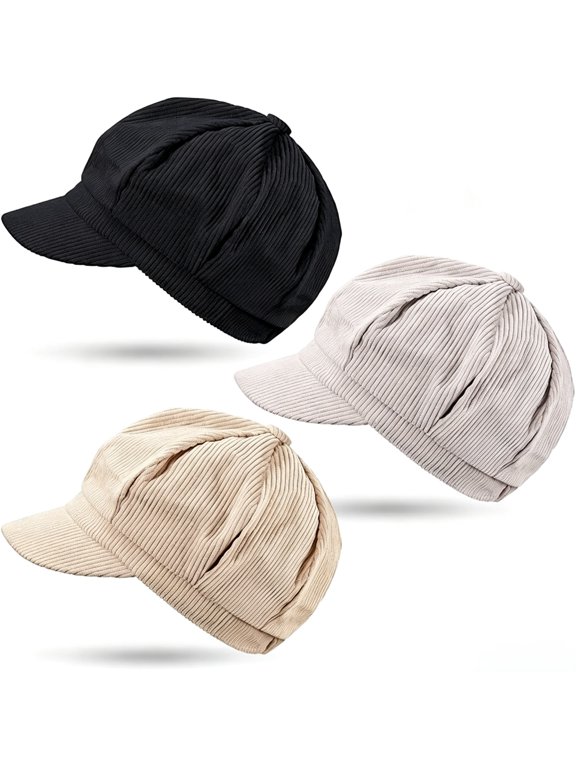 Women's 3-Pack 8-Panel Vintage Newsboy Cap, Adjustable Beret Gatsby Flat Hat with Visor, Breathable Cotton Octagonal Gift