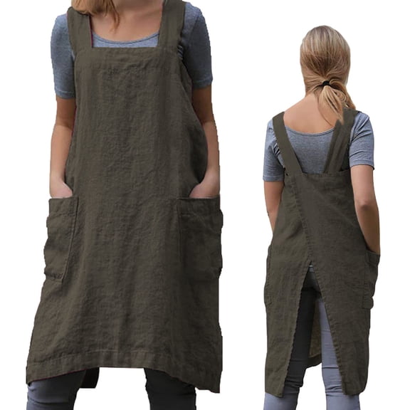DOVACKA Women's Pinafore Cross Back Apron with Pockets, Japanese Smock for Gardening Cooking Painting Baking