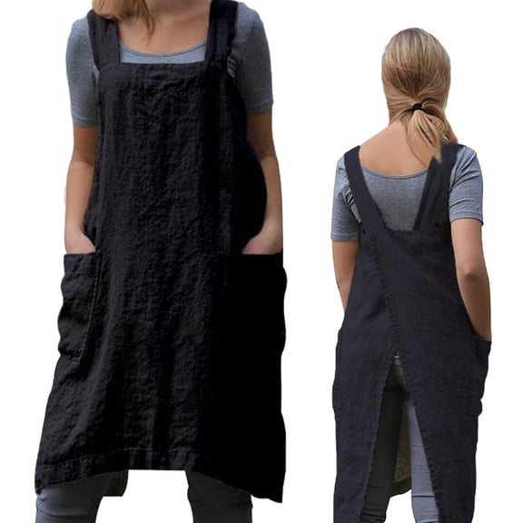 DOVACKA Women's Pinafore Cross Back Apron with Pockets, Japanese Smock for Gardening Cooking Painting Baking