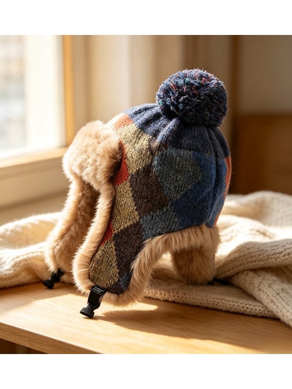Women's Plaid Fleece Trapper Hat with Ear Flap, Cozy Warm Windproof Ski Cap, Slouchy Winter Beanie for Cold Weather Outdoor, Soft Gift