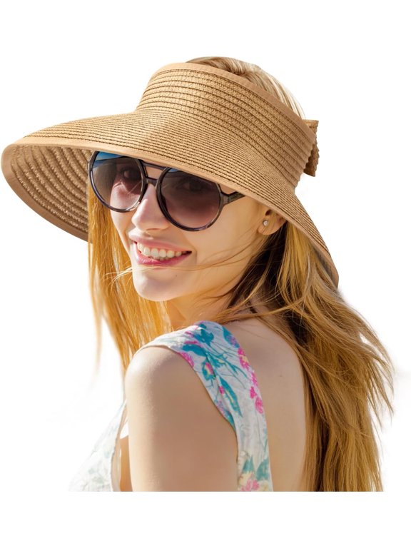 Women's Rollable Straw Sun Visor Hat, UV Protection Wide Brim Beach Cap with Bow