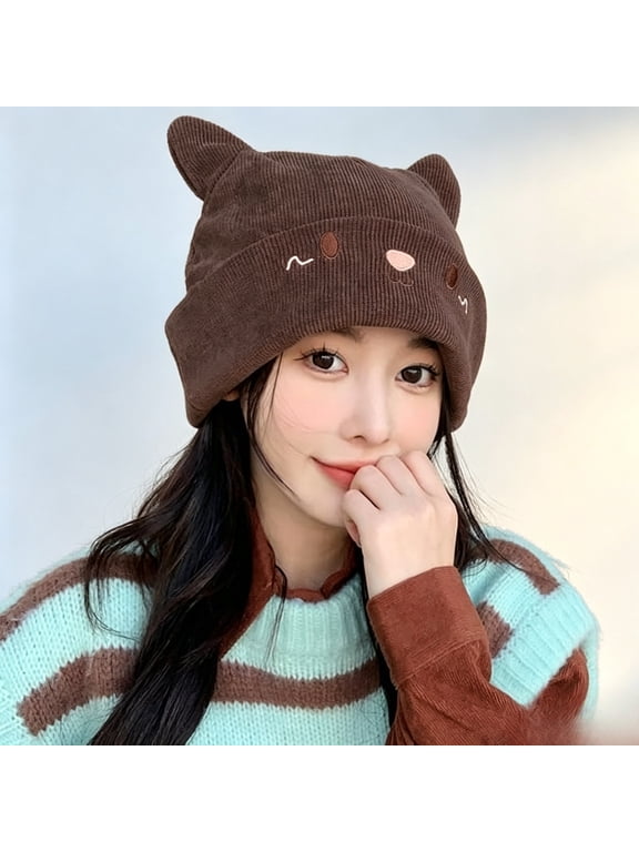 Women's Teen Girls Knitted Cat Kitty Cuffed Beanie Hat Winter Outdoor Stretchy Ski Skullies Caps
