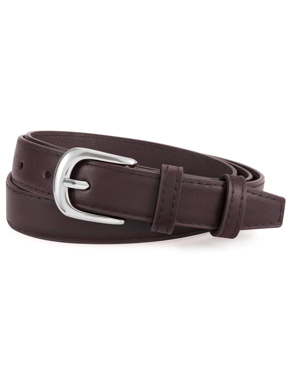 Women's Thin Leather Belt, Fashion Casual Waist Belt for Jeans Pants & Dresses, Silver Buckle