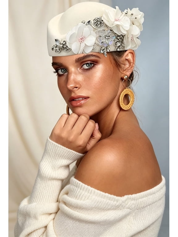 Women's Vintage British Style Floral Beret Hat, Soft Adjustable Velvet Headscarf Cap for Church Derby Wedding Elegant Gift