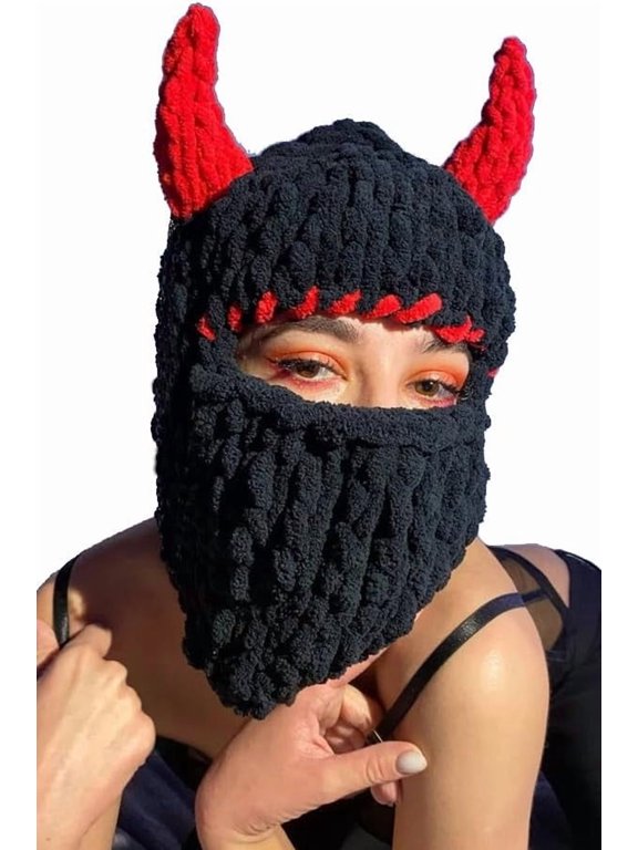 Y2K Knit Balaclava Face Mask with Bunny Ears & Horn, Cute Warm Winter Ski Scarf Beanie for Men Women, Versatile Halloween Costume Hat