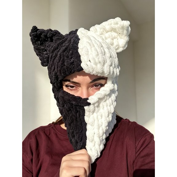 DOVACKA Y2K Knit Balaclava Face Mask with Bunny Ears & Horn, Cute Warm Winter Ski Scarf Beanie for Men Women, Versatile Halloween Costume Hat