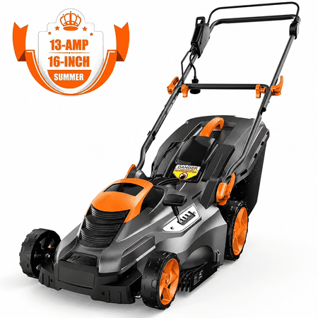 DOVAMAN 13 Amp Electric Lawn Mower, 16-Inch Cutting Width, 5 Adjustable Mowing Heights, 3-Step Foldable Handle, and Collection Bag with Full Indicator, Corded Lawn Mower for Your Garden