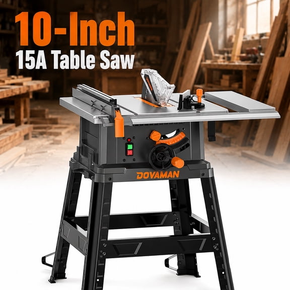 DOVAMAN 15A Table Saw with 10 Inch Blade,Table Saw/W Stand,Max 3.35" Cutting Depth & Extendable Worktable for Woodworking