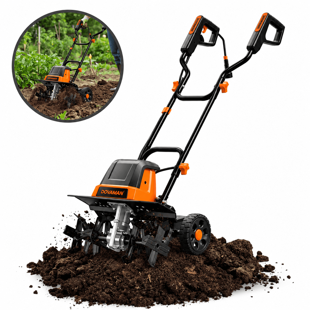 DOVAMAN 18-Inch Electric Garden Tiller, 15-Amp Corded Cultivator with 9-Inch Depth and Adjustable Wheels