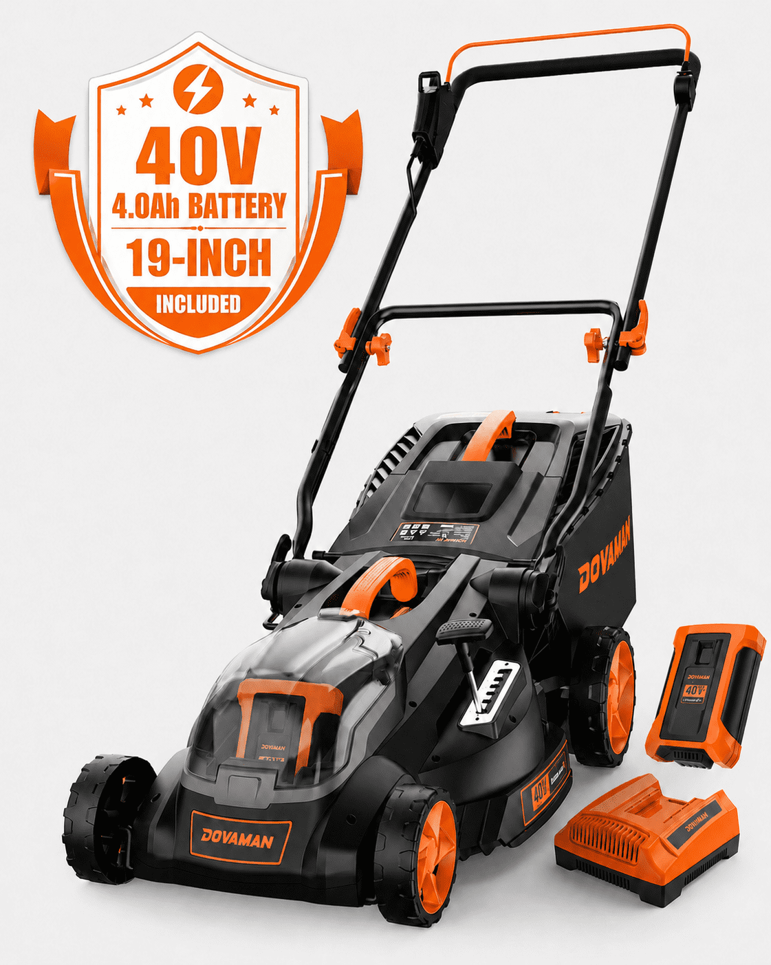 DOVAMAN 40V 19" Cordless Lawn Mower, Brushless Electric Lawn Mower, 6-Position Height, 2-in-1 Mulch & Bag, Battery and Charger Included (4.0Ah)