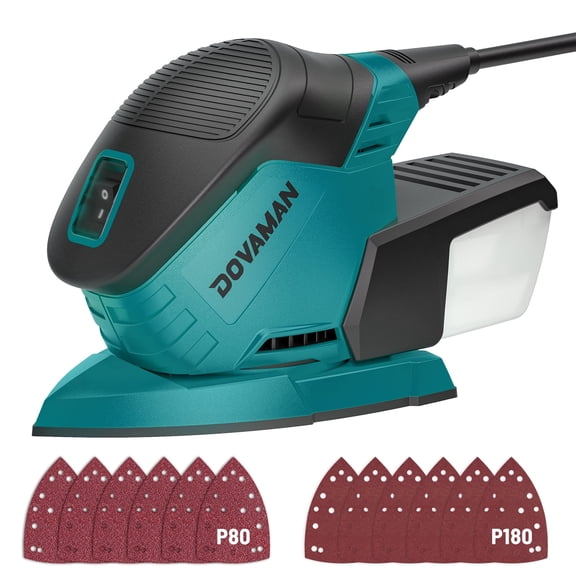 DOVAMAN Detail Sander, 1.1 Amp Electric Sander with Micro-Filter Dust Box, 12,000 RPM, Copper Motor, Aluminum Fan Blade, Includes 12 Sandpapers (80 & 180 Grit), for Wood, Plastic and Metal