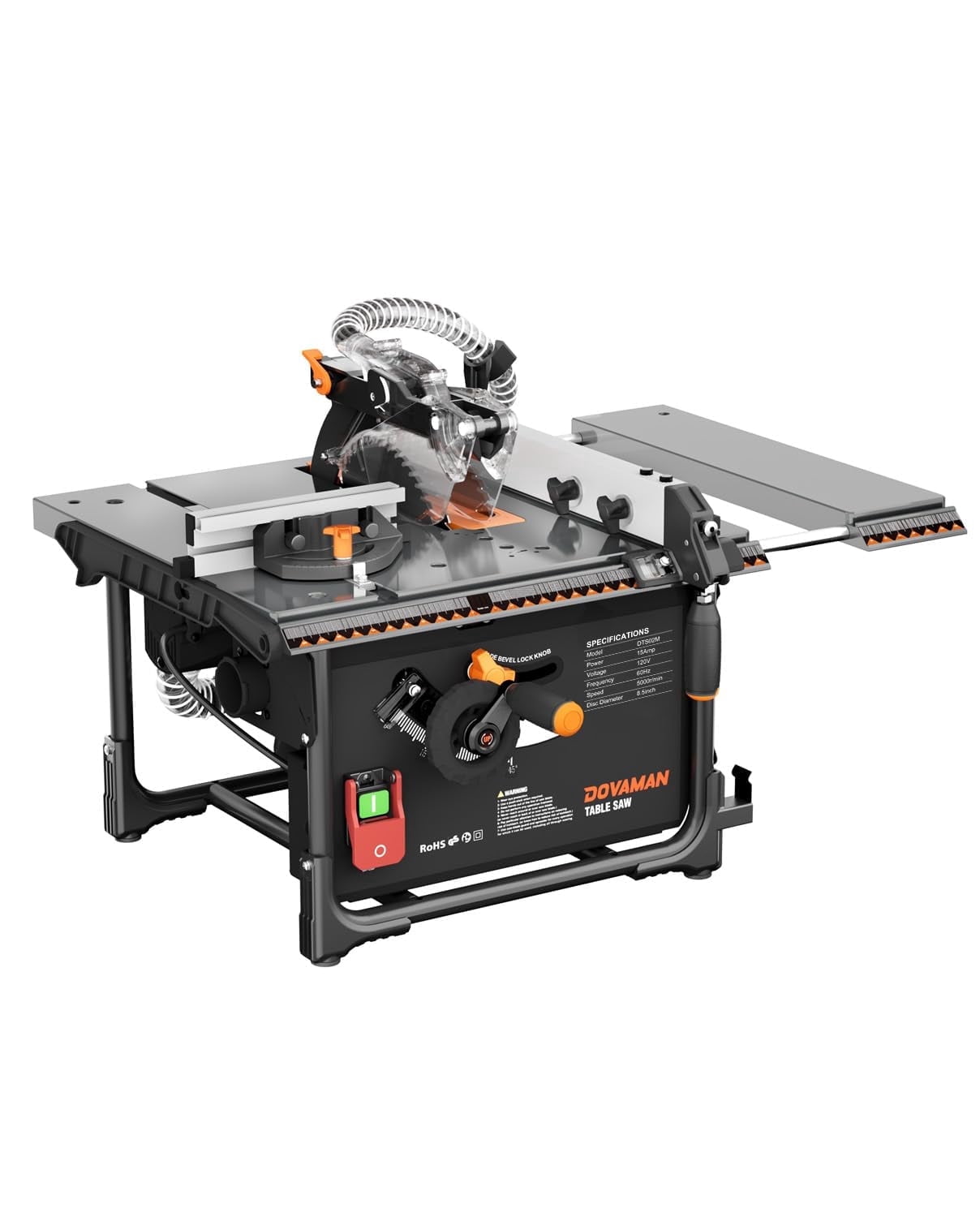 DOVAMAN Table Saw, 15 Amp Motor, 5000 RPM, Dust Collection Port, 0–45° Bevel, Extendable Table, Benchtop Design