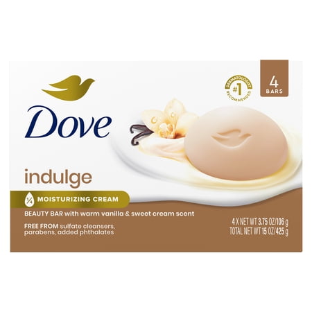 Dove Indulge Soap Bar Warm Vanilla + Sweet Cream For Hydrated & Soft Skin 3.75 oz, 4 Bars