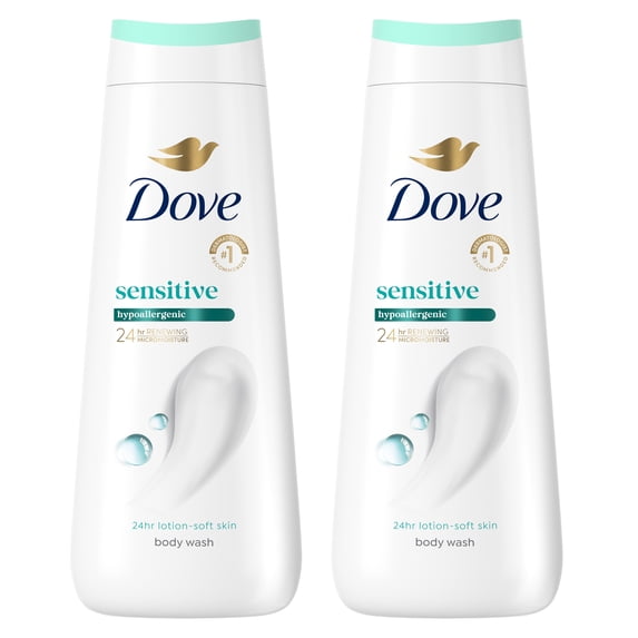 Dove Body Wash For 24hr Lotion-Soft Skin Sensitive Skin Moisturizing Skin Cleanser Gentle Hypoallergenic Formula with No Sulfates No Parabens, 20 fl oz 2 pack