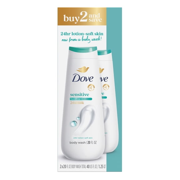 Dove Body Wash For 24hr Lotion-Soft Skin Sensitive Skin Moisturizing Skin Cleanser Gentle Hypoallergenic Formula with No Sulfates No Parabens, 20 fl oz 2 pack