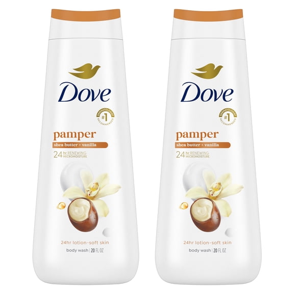 Dove Body Wash for 24hr Lotion-Soft Skin Pamper Shea Butter & Vanilla Moisturizing Skin Cleanser with No Sulfates No Parabens, 2 pack