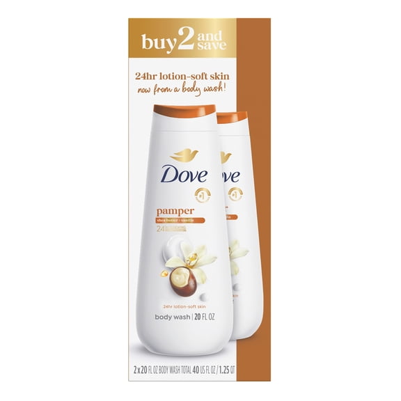 Dove Body Wash for 24hr Lotion-Soft Skin Pamper Shea Butter & Vanilla Moisturizing Skin Cleanser with No Sulfates No Parabens, 20 fl oz 2 pack