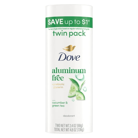 Dove Deodorant Stick for 72 Hour Odor Protection Cucumber & Green Tea Aluminum Free, 2.4 oz 2 Count