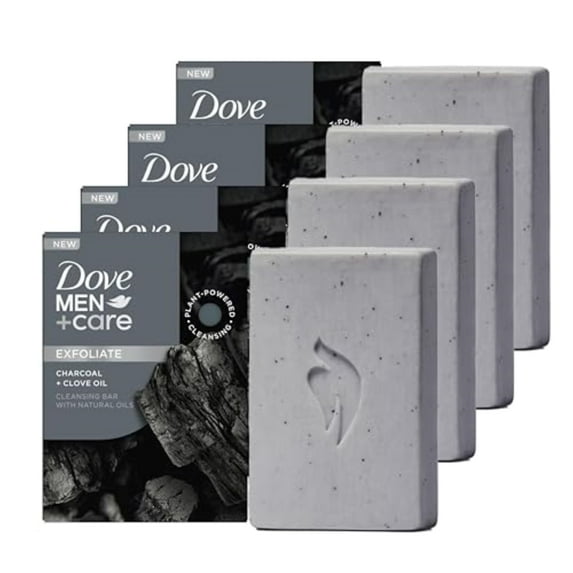 DOVE MEN + CARE Cleansing Bar Soap Charcoal + Clove Oil 4 Count to Rebuild Skin in the Shower, a 4in1 Hair, Body, Face & Shaving Bar with Plant-Based Cleanser and Natural Oils 5 oz E11