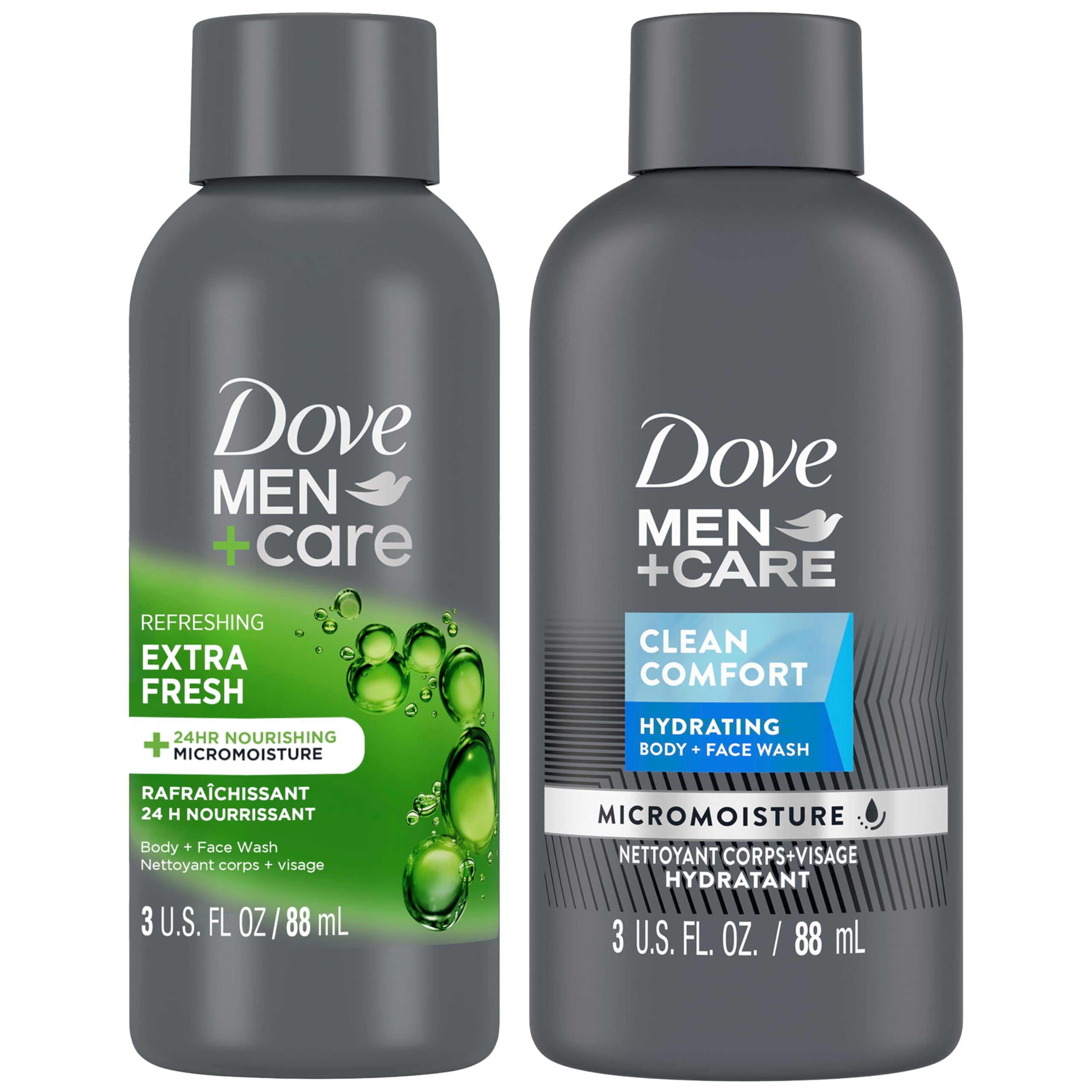 DOVE MEN + CARE TSF6Body & Face Wash Variety 2-Pack -Extra Fresh + Clean Comfort, Travel Essentials, 3 Oz Ea