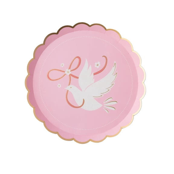 Bonjour Fte Light Pink Dove Small Paper Dessert Plates, Disposable Party Supplies, 8 Count, 8 Inch, Baby Blessing, Baptism