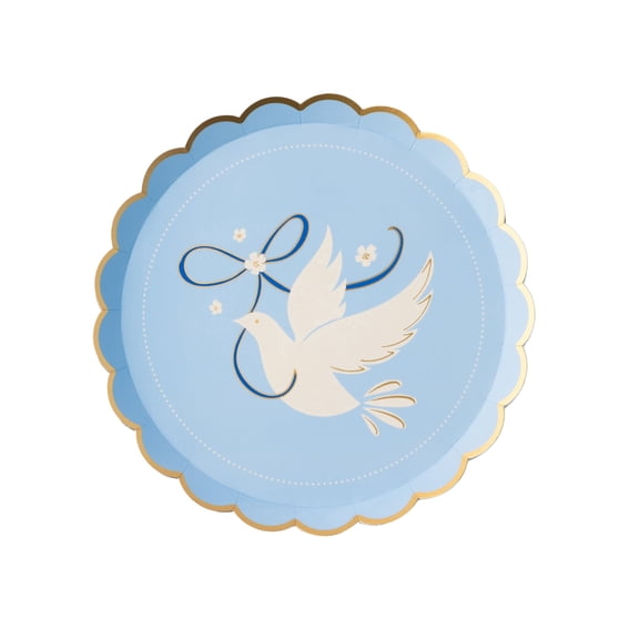 Bonjour Fte Light Blue Dove Small Paper Plates, Disposable Party Supplies, 8 Count, 8.5 Inch, Baptism, Baby Blessing