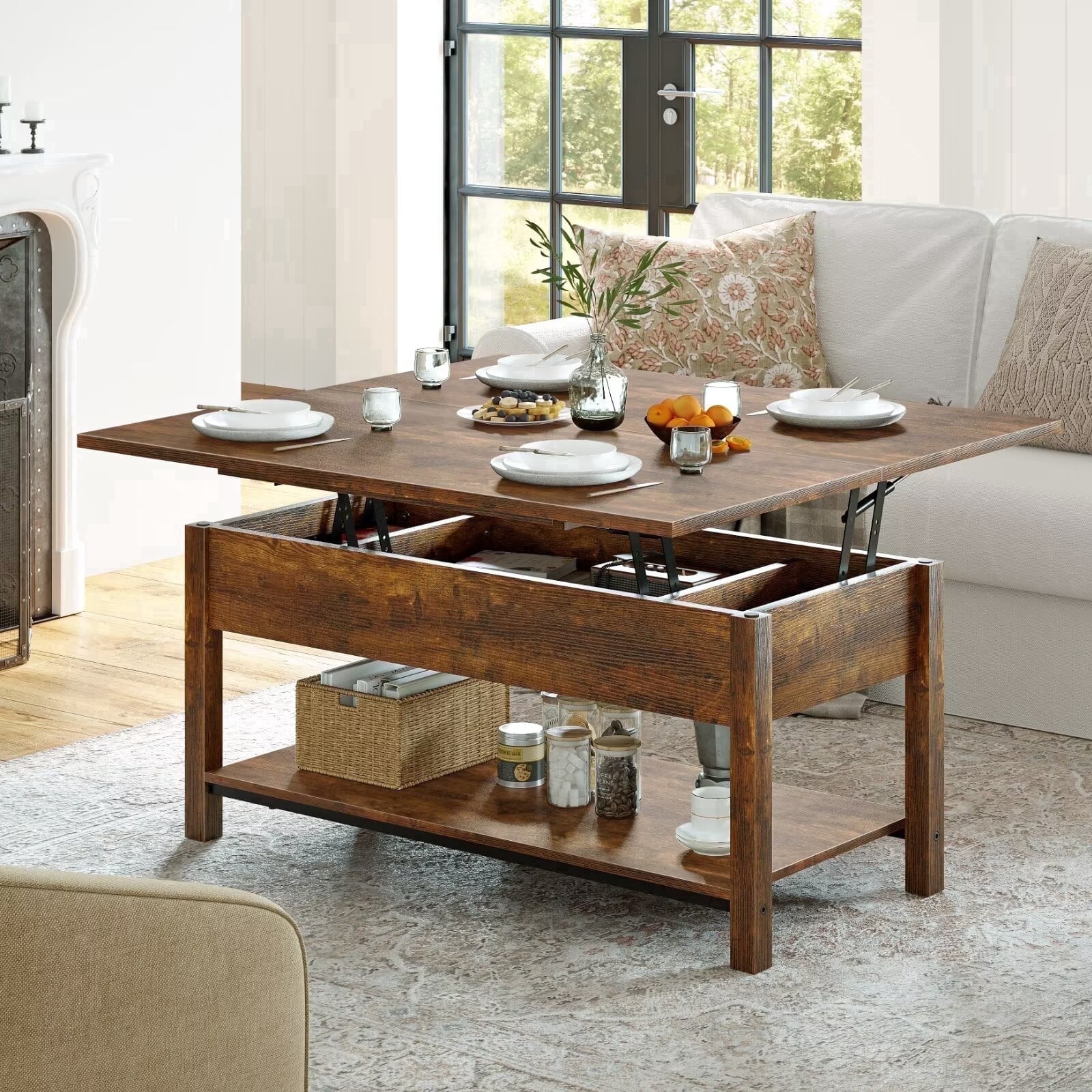 GUNAITO 40.9"Lift Top Coffee Table 4 in 1 Multi-Function Convertible Coffee Table with Hidden Storage Framhouse Coffee Table for Living Room Rustic Brown