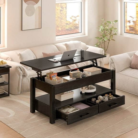 DOVEAID Lift Top Coffee Table with 2 drawers,Wooden Convertible Coffee Table with Storage for Living Room,center Table,Black,42"