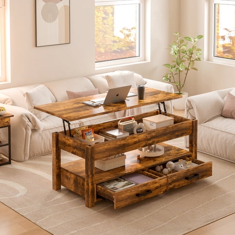 GUNAITO Lift Top Coffee Table with 2 Drawers,Wooden Convertible Coffee Table with Storage for Living Room,Center Table,Brown,42"
