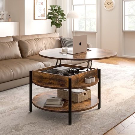 DOVEAID Round Lift Top Coffee Table Farmhouse Circle Coffee Table with Storage Large 2 Tier Wood Center Table for Living Room,Rustic Brown