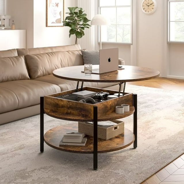 DOVEAID Round Lift Top Coffee Table Farmhouse Circle Coffee Table with Storage Large 2 Tier Wood Center Table for Living Room,Rustic Brown