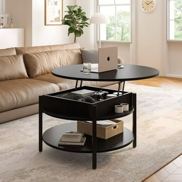 DOVEAID Round Lift Top Coffee Table with Storage Farmhouse Circle Table with Hidden Compartment Large 2 Tier Modern Center Table for Living Room,Black