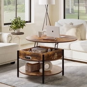 GUNAITO Round Lift Top Small Coffee Table with Storage Modern Farmhouse Center Table with Shelf 2 Tier Circle Table for Living Room Rustic Brown