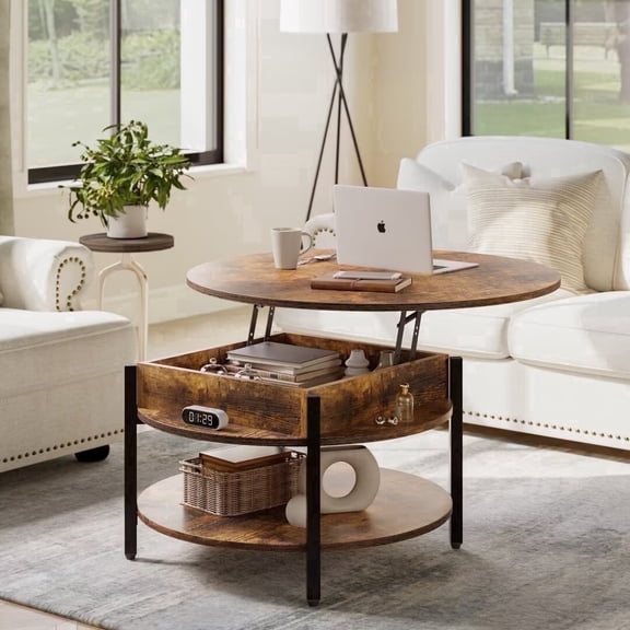 GUNAITO Round Lift Top Small Coffee Table with Storage Modern Farmhouse Center Table with Shelf 2 Tier Circle Table for Living Room Rustic Brown