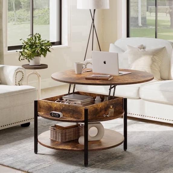 GUNAITO Round Lift Top Small Coffee Table with Storage Modern Farmhouse Center Table with Shelf 2 Tier Circle Table for Living Room Rustic Brown