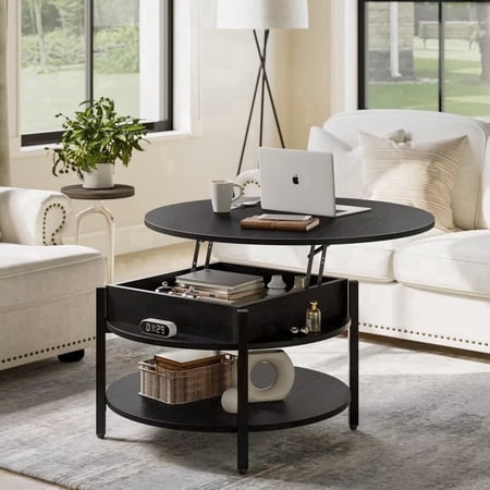 GUNAITO Round Lift Top Small Coffee Table with Storage Modern Farmhouse Center Table with Shelf Small Circle Table for Living Room,Black