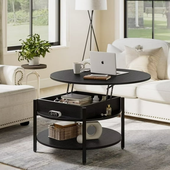 GUNAITO Round Lift Top Small Coffee Table with Storage Modern Farmhouse Center Table with Shelf Small Circle Table for Living Room,Black