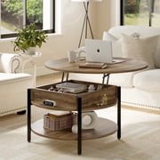 GUNAITO Round Lift Top Small Coffee Table with Storage Modern Farmhouse Center Table with Shelf Small Circle Table for Living Room,Light brown