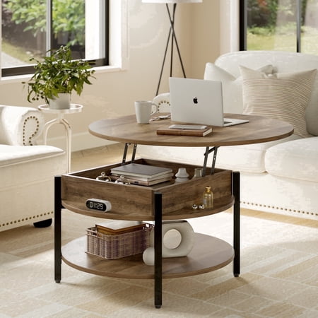 GUNAITO Round Lift Top Small Coffee Table with Storage Modern Farmhouse Center Table with Shelf Small Circle Table for Living Room,Light brown
