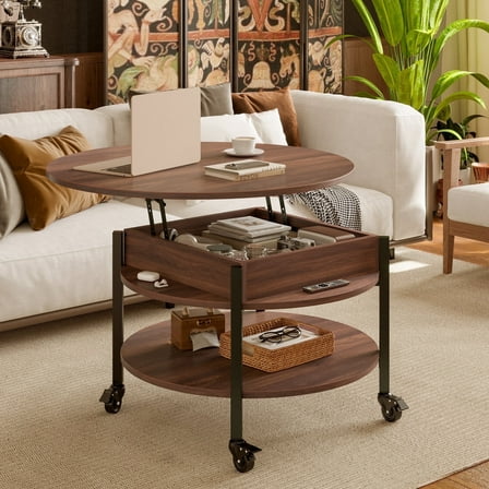 GUNAITO Round Small Lift Top Coffee Table on Wheels with Storage, Modern Farmhouse Center Table with Shelf Small Circle Table for Living Room, Walnut