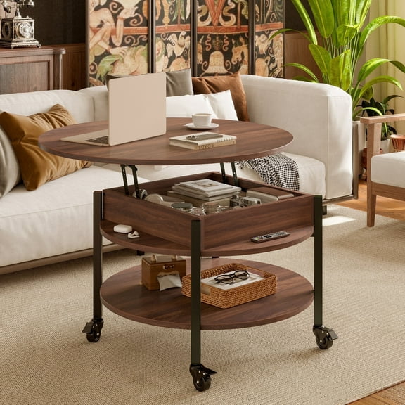 GUNAITO Round Small Lift Top Coffee Table on Wheels with Storage, Modern Farmhouse Center Table with Shelf Small Circle Table for Living Room, Walnut