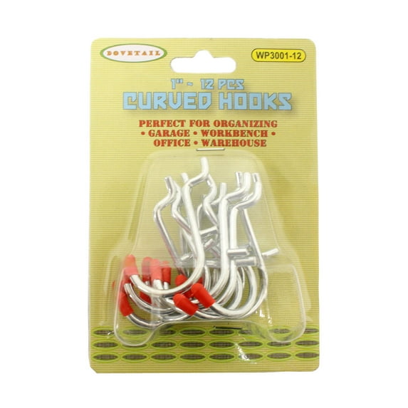 DOVETAIL (2 Pack) 12 Piece 1" Curved Peg Hooks | Safety-Enhanced with Red Rubber Tips | Universal Pegboard Compatible Design | Great For Organizing, Storing, Displaying Items