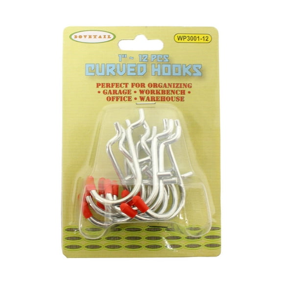 DOVETAIL (2 Pack) 12 Piece 1" Curved Peg Hooks | Safety-Enhanced with Red Rubber Tips | Universal Pegboard Compatible Design | Great For Organizing, Storing, Displaying Items